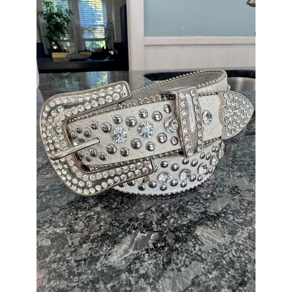 White Rhinestone Western Belt 42" Crystal Buckle Y2K McBling Cowgirl Glam